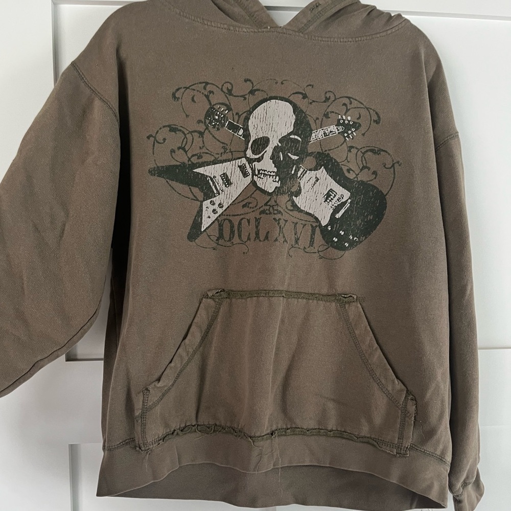 Brown Graphic Hoodie with Skull and Guitars